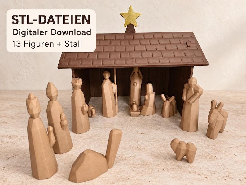 Visualisierung der Weihnachtskrippe mit 13 Figuren als Druckvorlage